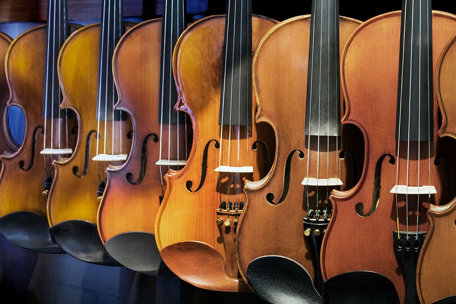 Photograph of a row of violins, hanging up in a shop to be purchased.