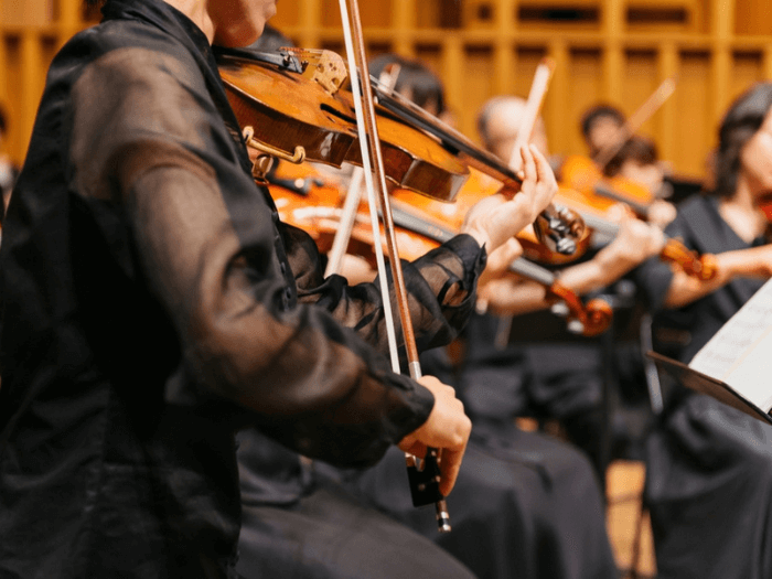 A violinist playing as part of a live orchestra performance.