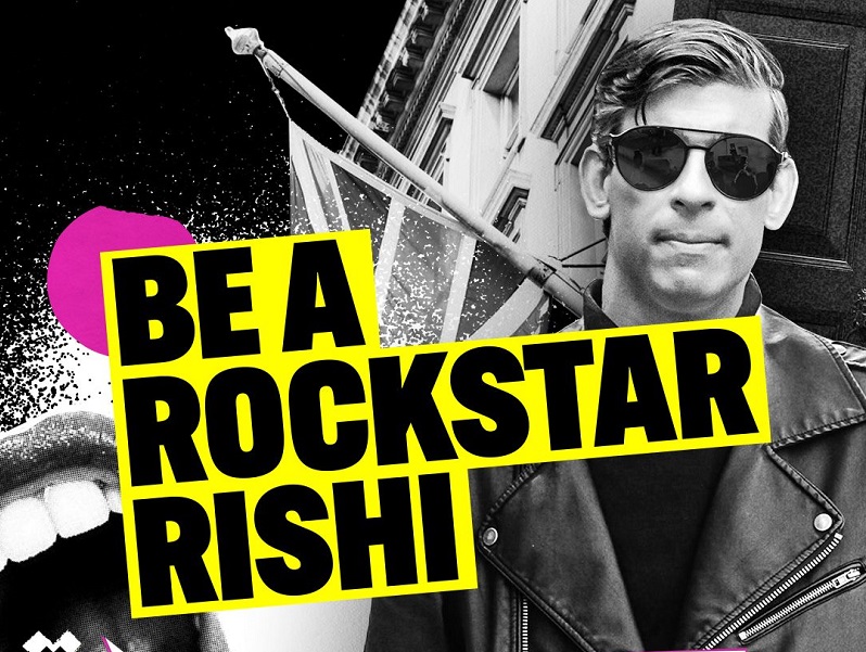 A collage of image and graphic, a photograph of Rishi Sunak in a leather jacket and sunglasses, with the addition of an open mouth rockstar symbol and large text reading 