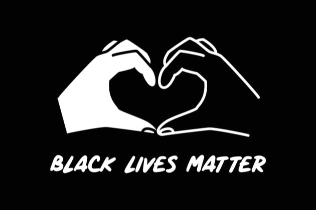 black lives matter illustration with white and black hands shaping a heart together