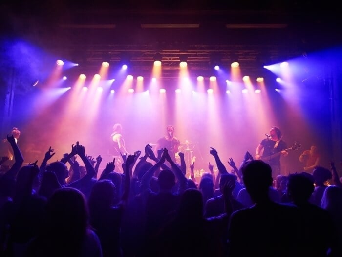 Crowd with raised hands in front of small stage for a live performance. Dimly lit with purple stage lights.