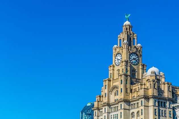 Liver Building in Liverpool against blue sky