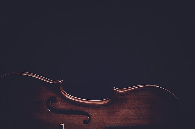 Photograph of violin on its side, in shadow
