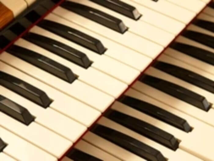 Close up of organ keys.