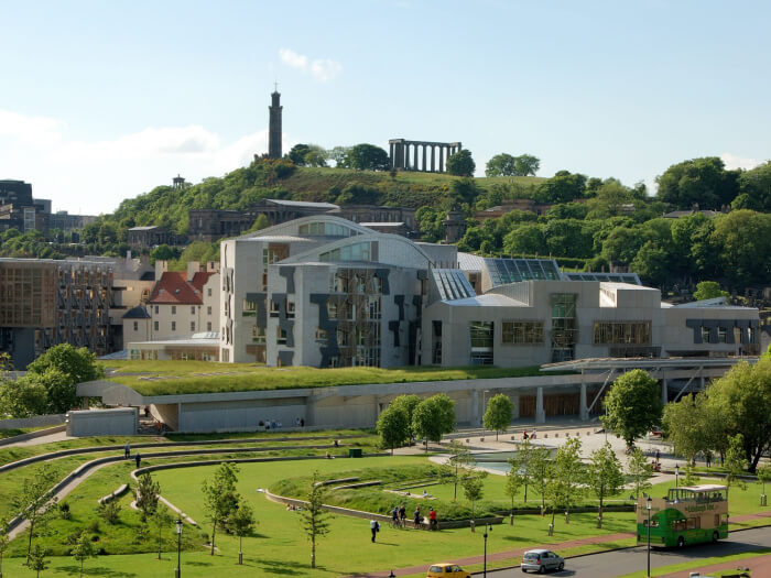 The Scottish Parliament building in Edinburgh, standing out in the sunshine