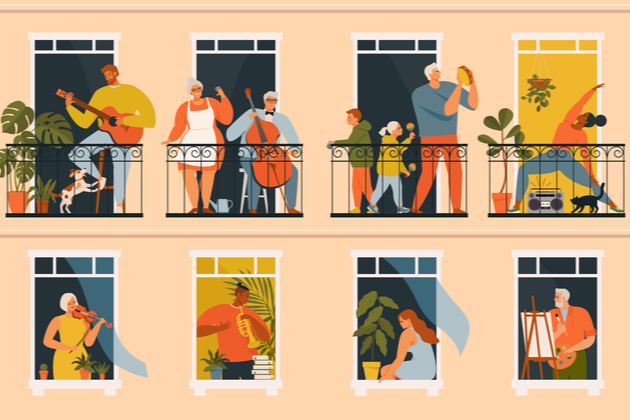 illustration with people staying at home in the lockdown socialising from their balconies