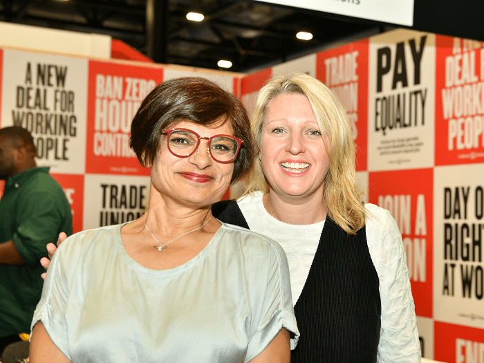MU General Secretary Naomi Pohl and Shadow Secretary of State for Digital, Culture, Media and Sport Thangam Debbonaire MP at the Labour Party Conference 2023