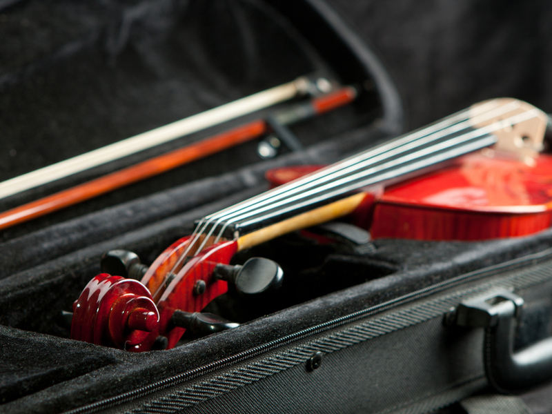 Photograph of a violin contained in a travel case. The travel case is resting open in the photo with the violn visiable.