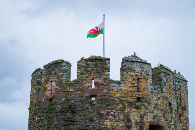 Photograph of a stone tower with a Welsh flag flying on top. The sky is blue with clouds in the background.