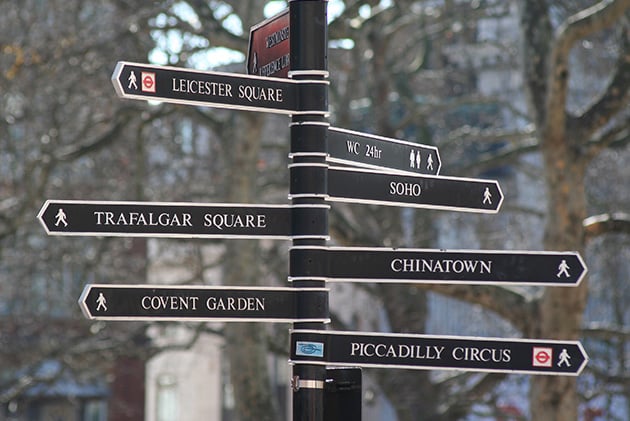 Photograph of a sign in Westminster, pointing towards Leicester Square, Soho, Piccadilly Circus and other famous locations