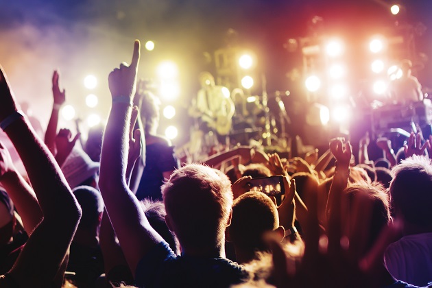 Brightly coloured photograph of a busy crowd at a music gig, with audience members' arms raised and excited.